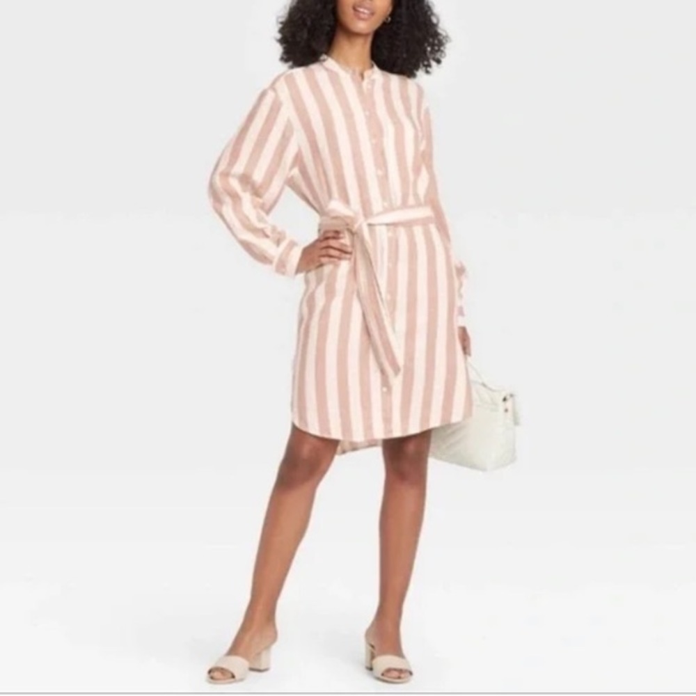 A New Day Long Sleeve Tie Waist Striped Linen Blend Shirtdress‎